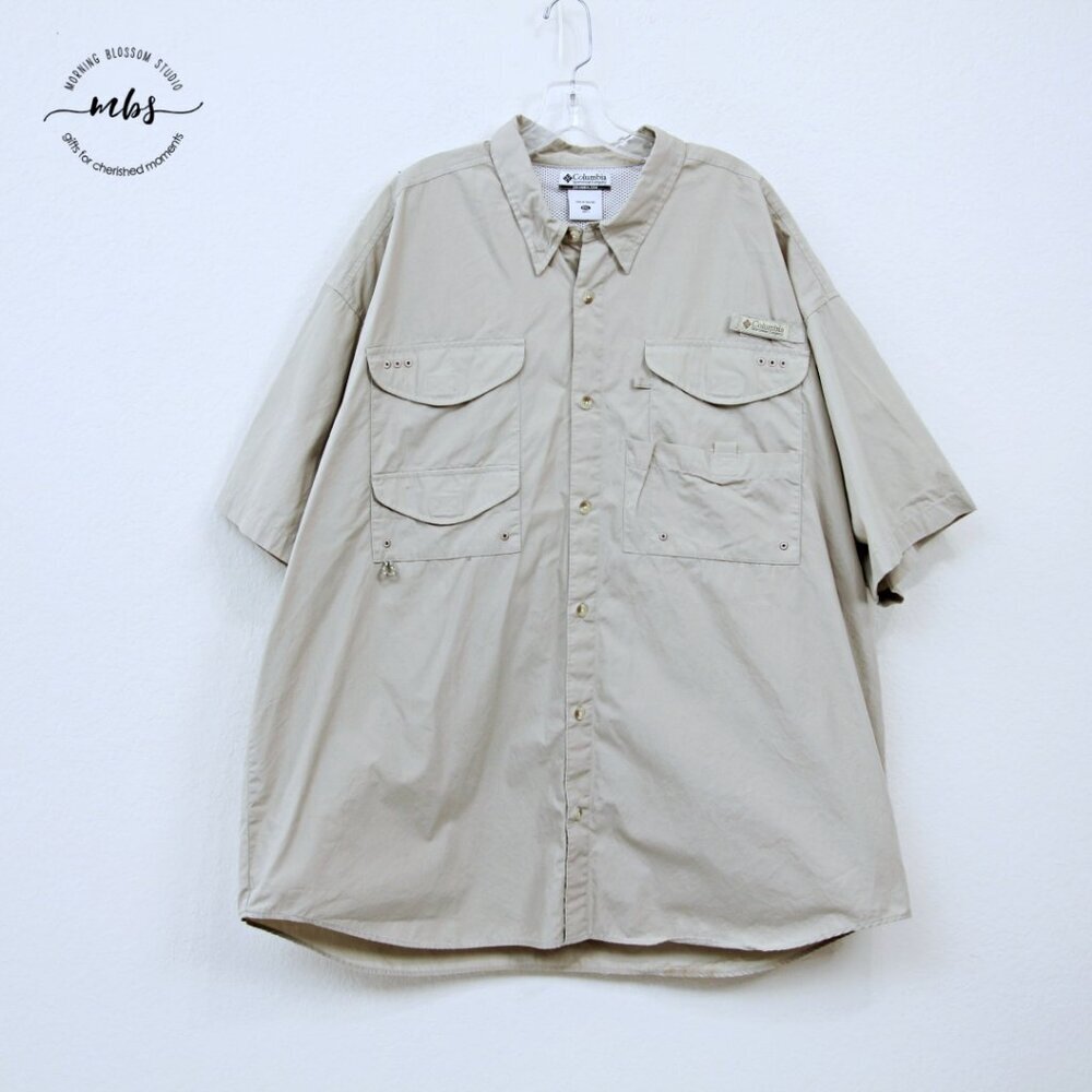 Columbia PFG Redfish‎ Embroidered ented Short Sleeve Fishing Shirt Tan Men XXL